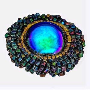 Hand beaded iridescent turquoise glass cab peacock glass bezel pierced earrings